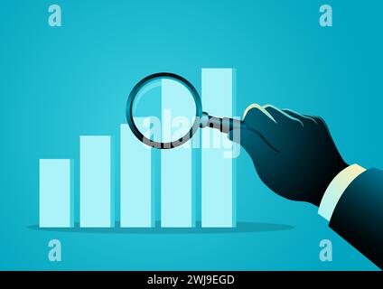 Man examines a graph chart with a magnifying glass, business analysis, economic, corporate growth Stock Vector