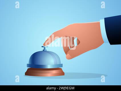 Close-up of businessman’s hand pressing concierge bell, vector illustration Stock Vector