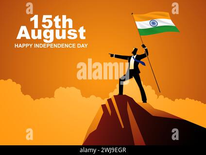Businessman holding the flag of India on top of the mountain, vector illustration Stock Vector