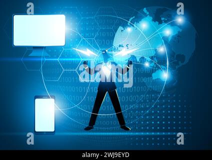 Business concept illustration of a businessman having wire connection with computer and smartphone to the world Stock Vector