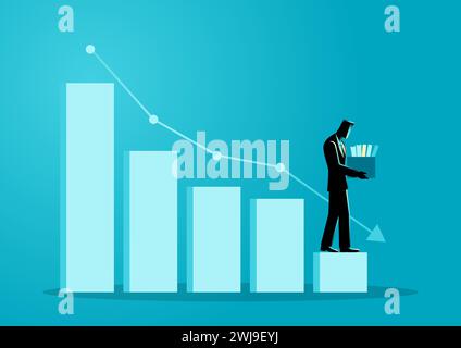 Business concept illustration of a businessman descending on the decreasing chart, getting layoff, bankruptcy concept Stock Vector