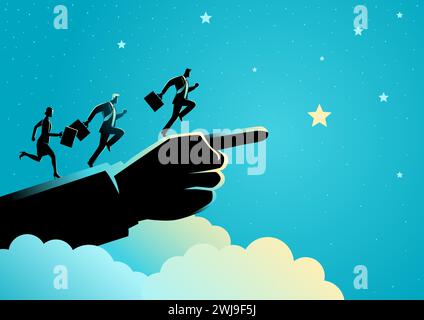 Business concept illustration of businessmen and a businesswoman running on giant hand pointing to the stars, leadership, motivation in business Stock Vector