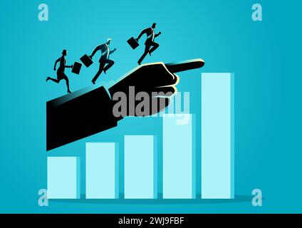 Business concept illustration of businessmen and a businesswoman running on giant pointing hand, leadership, right direction in business Stock Vector
