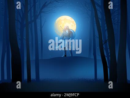 Viking berserker wearing bear skin holding an axe on dark woods, vector illustration Stock Vector