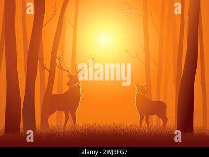 Silhouette of two deer in the woods, vector illustration Stock Vector
