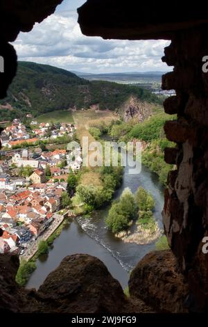 Bad Munster, Germany - May 12, 2021:  Sun shining on Nahe River next to a German town on a spring day in Rhineland Palatinate, Germany. Stock Photo