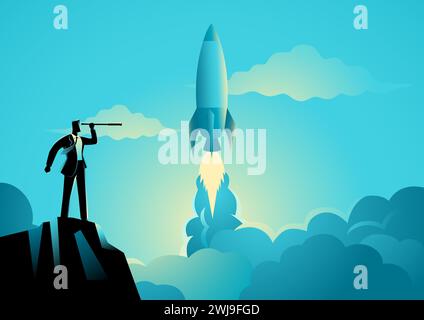 Vector illustration of a businessman with a telescope looking at a rocket launch, concept for start-up business, new product on a market Stock Vector