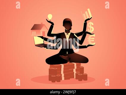 Business concept illustration of a business woman with multiple hands holding financial symbols, financial guru or expert, investment planning concept Stock Vector
