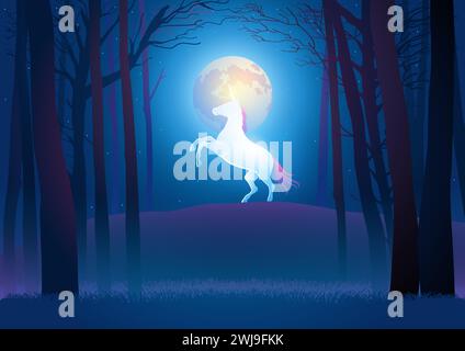 Beautiful scenery of a unicorn during full moon in the woods, vector illustration Stock Vector