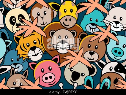 Mural doodle art of animal heads, vector illustration seamless pattern Stock Vector