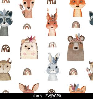 Watercolor seamless pattern with boho animals. Hand drawn illustration for fabric, wrapping paper, etc. Stock Photo