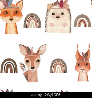 Watercolor seamless pattern with boho animals. Hand drawn illustration for fabric, wrapping paper, etc. Stock Photo