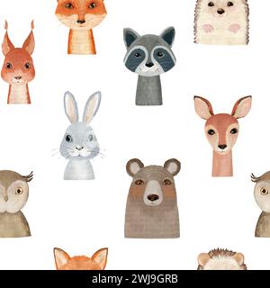 Watercolor seamless pattern with woodland animals. Illustration for fabric, wrapping paper, etc. Stock Photo