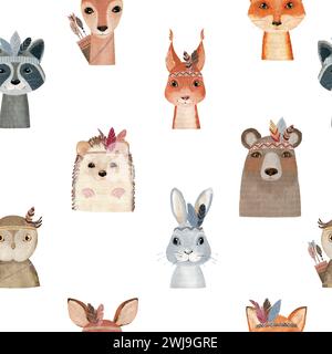 Watercolor seamless pattern with boho animals. Hand drawn illustration for fabric, wrapping paper, etc. Stock Photo