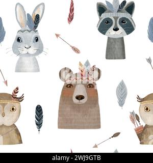 Watercolor seamless pattern with boho animals. Hand drawn illustration for fabric, wrapping paper, etc. Stock Photo