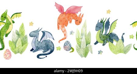 Watercolor cute seamless border with dragons. Hand drawn illustration ...