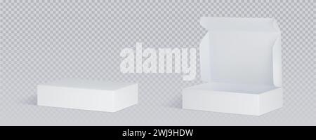 White closed and open cardboard box mockup top angle view. Realistic vector illustration set of blank carton package for delivery or gift concept. Rectangular low paper pack with cover mock up. Stock Vector