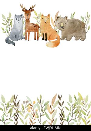 Woodland frame. Watercolor forest with deer Stock Photo - Alamy