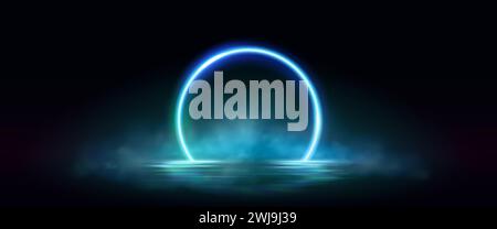 Neon circular arch frame with smoke over water surface with reflections. Realistic vector illustration of bright ring border with fog. Glowing round magic portal or product presentation template. Stock Vector