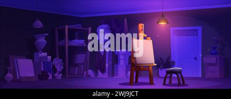 Night art studio interior design. Vector cartoon illustration of dark room for drawing and sculpture classes, blank canvas on easel, stool under lamp, paper, vases, statues on shelf, painting school Stock Vector