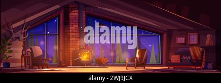 Wooden chalet interior with fireplace at night. Vector cartoon illustration of warm living room, vintage armchairs and couch near fire, wine bottle on table, mountain forest and starry sky in window Stock Vector