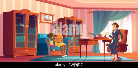 Mother with daughter and woman in business suit sitting in therapist office or school principal cabinet. Cartoon vector illustration of appointment with psychologist or conversation with director. Stock Vector