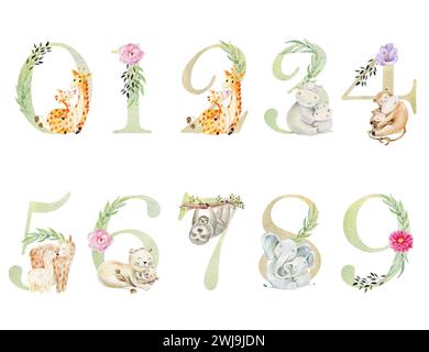 Mom and baby animals. Watercolor numbers for invitation card, nursery poster and other. Stock Photo
