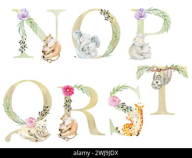 Watercolor letters with cute mom and baby animals for invitation card, nursery poster and other. Stock Photo