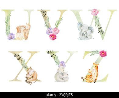 Mom and baby animals. Watercolor letters for invitation card, nursery poster and other. Stock Photo