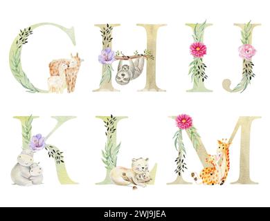 Watercolor letters with mom and baby animals for invitation card, nursery poster and other. Stock Photo