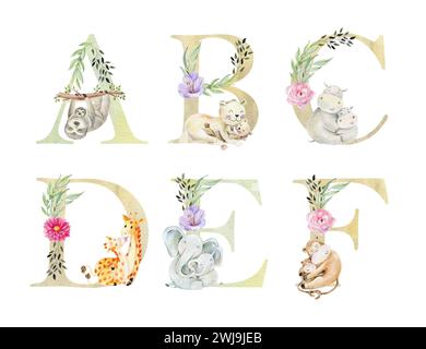 Watercolor safari animals letters for invitation card, nursery poster and other. Stock Photo