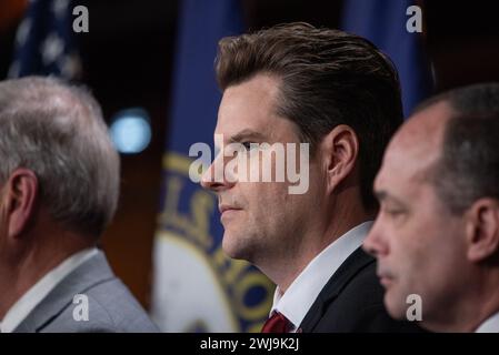 Washington, United States. 13th Feb, 2024. United States Representative Matt Gaetz (Republican of Florida) at a press conference with the House Freedom Caucus on FISA reauthorization in the Capitol on Tuesday, February 13, 2024 in Washington, DC, USA. Photo by Annabelle Gordon/CNP/ABACAPRESS.COM Credit: Abaca Press/Alamy Live News Stock Photo