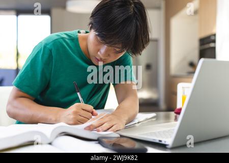Teenage Asian boy studying intently at home, with copy space Stock Photo