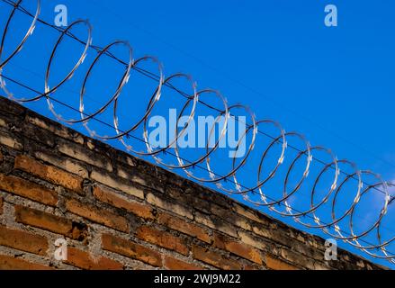 Barbed wire hedgehog and electric fence on top of a brick wall to protect a house in Brazil Stock Photo