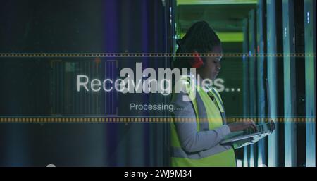 Image of data processing over african american female it engineer and computer servers Stock Photo