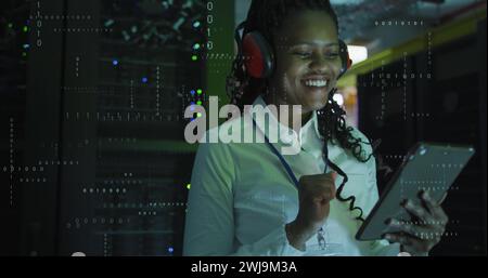 Image of data processing over african american female it engineer and computer servers Stock Photo