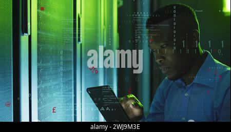 Image of data processing over african american male it engineer and computer servers Stock Photo