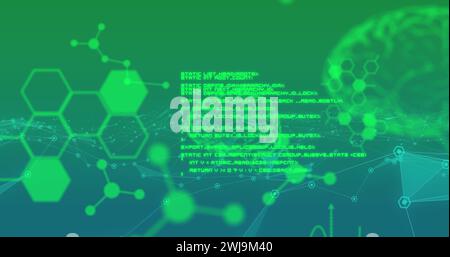 Image of glowing human brains and hexagons with data processing on green background Stock Photo
