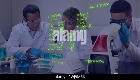 Science Lab Processing Scientific data image over laboratory scene with scientist working ...