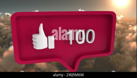 Image of speech bubble with numbers and like icon over clouds Stock Photo