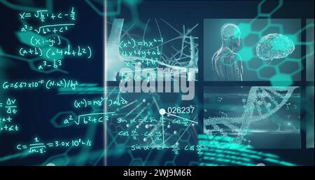 Image of mathematical formulae and scientific data processing over screens Stock Photo