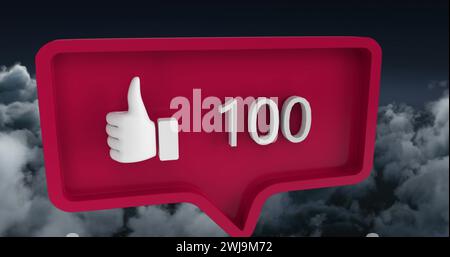 Image of speech bubble with numbers and like icon over clouds Stock Photo