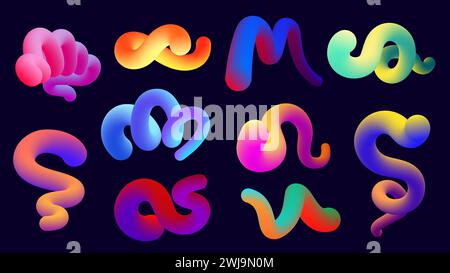 Gradient blend line. Dynamic abstract strokes with different colors and gradient effect. Vector modern geometric brush flow set Stock Vector