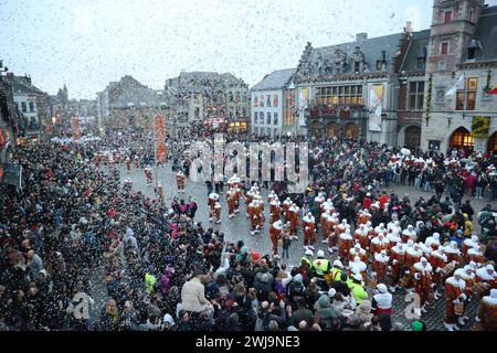 Binche, Belgium. 13th Feb, 2024. People attend the parade of Shrove Tuesday, the last day of Carnival, in Binche, Belgium, Feb. 13, 2024. Binche's three-day carnival, a UNESCO World Heritage event and one of the most famous carnivals in Europe, reached its climax on Tuesday. Credit: Zhao Dingzhe/Xinhua/Alamy Live News Stock Photo