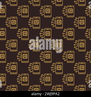AI inside Smartphone vector Artificial Intelligence Phone concept thin line dark seamless pattern Stock Vector