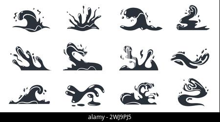 Cartoon wave silhouettes. Black stream splatter symbol and wet flow ...