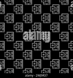 Tablet with AI Chip vector Artificial Intelligence concept dark seamless pattern in outline style Stock Vector