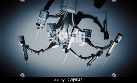 Robotic arms for robotic assisted surgery isolated on gray background. 3D illustration. Stock Photo