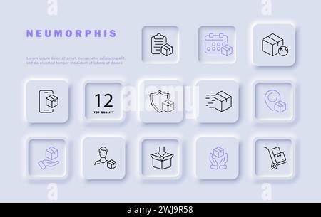 Delivery set line icon. Box, speed, calendar, smartphone, shield, delivery person, app. Neomorphism style. Vector line icon for business and advertisi Stock Vector