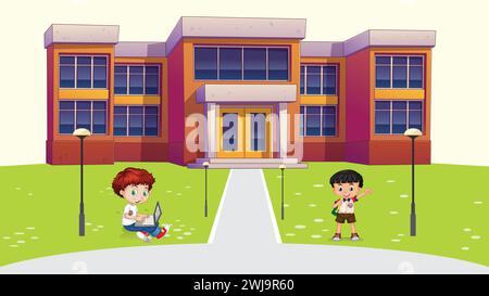 welcome back to school, kids in front of school cartoon vector illustration Stock Vector